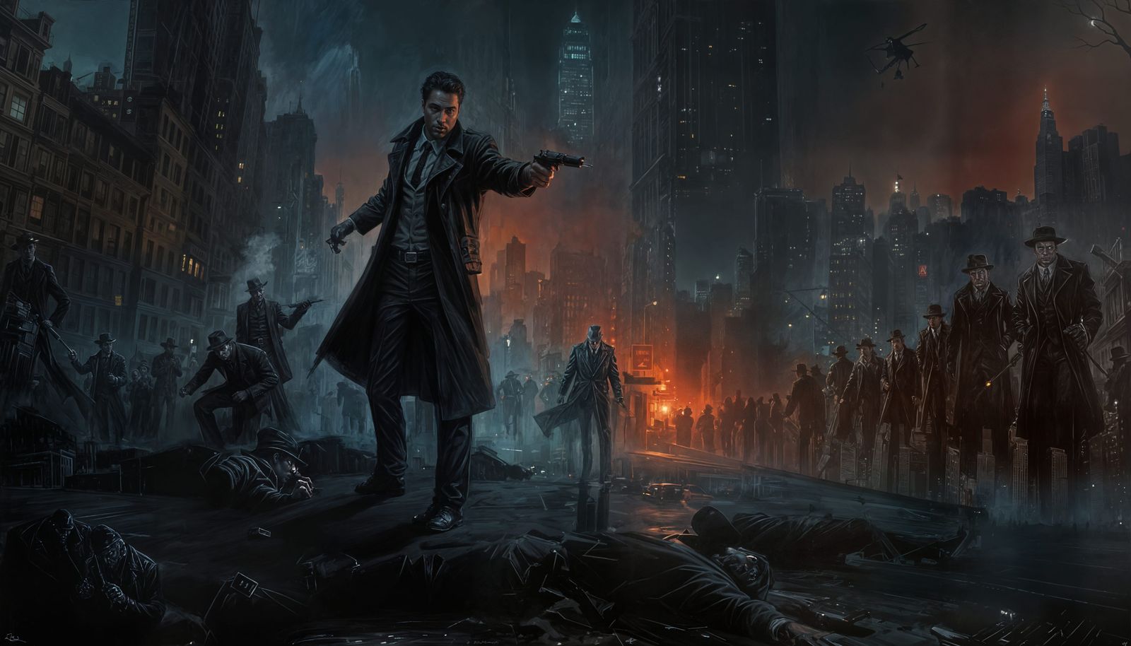 Noir Detective Shoots Zombies in Acrylic Art