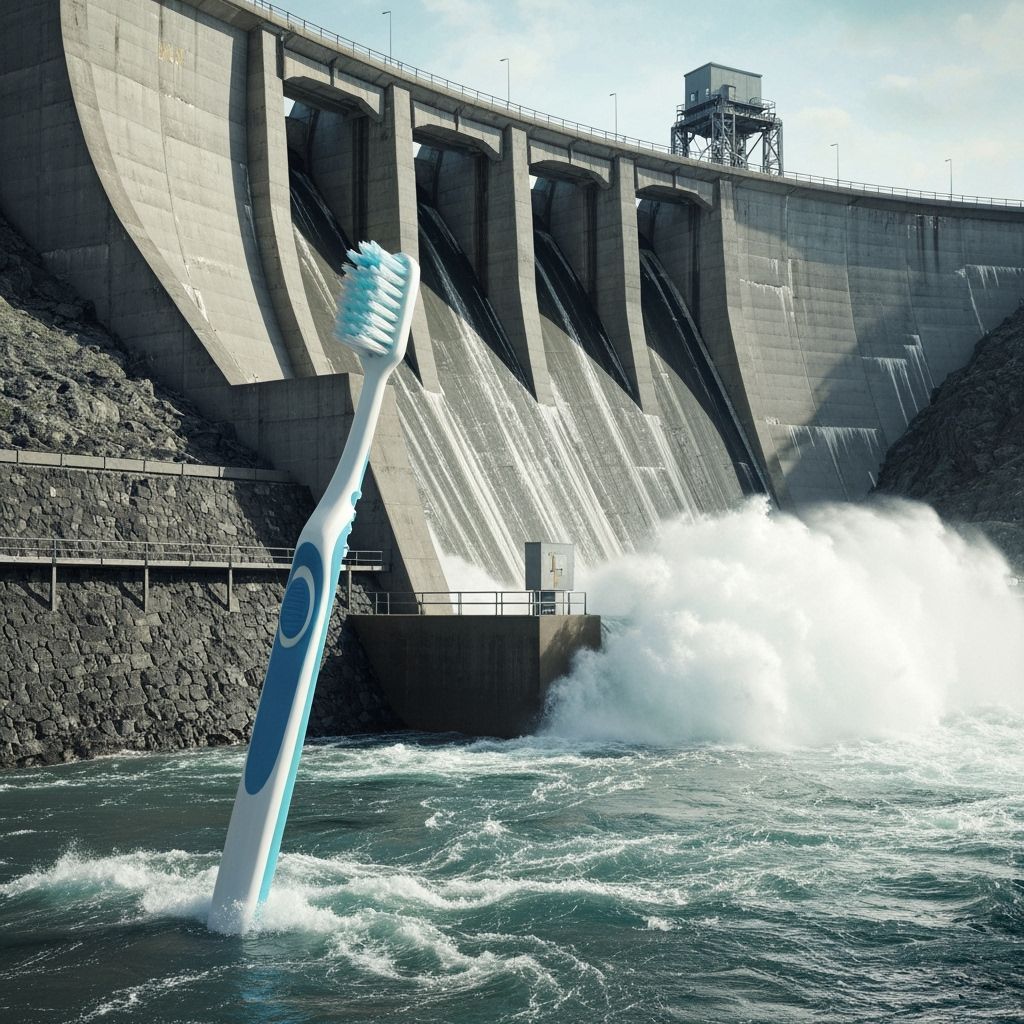Toothbrush Beside Towering Dam in Retro-Futuristic Style