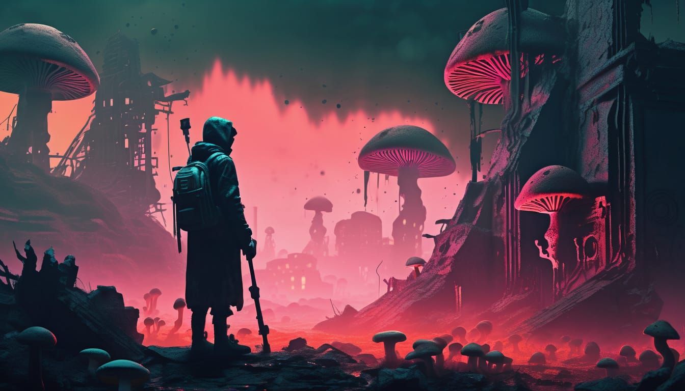 Eerie Biomechanical Figure in Ruined City: Surreal Digital A...