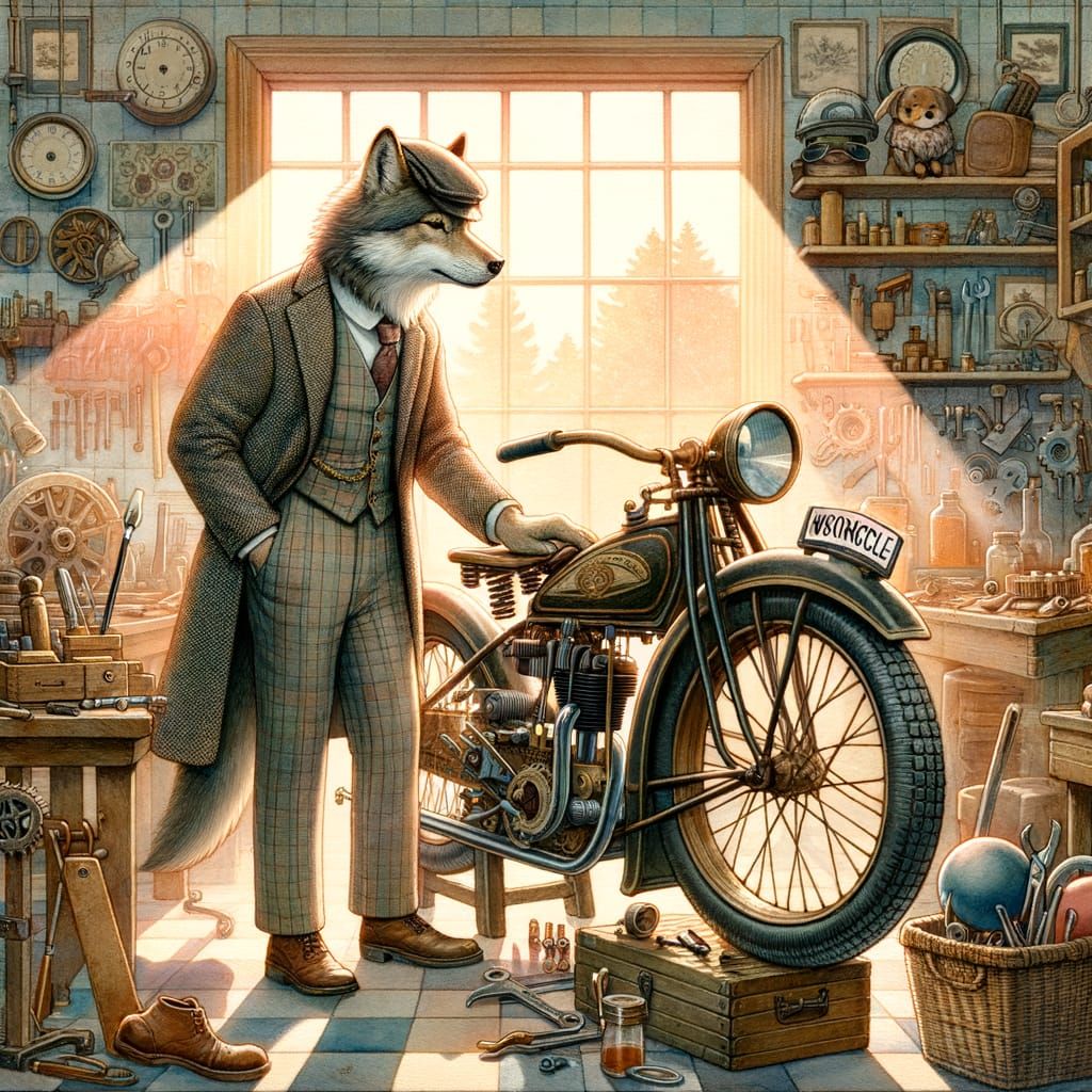 Wolf Restoring Motorcycle in Watercolor Style