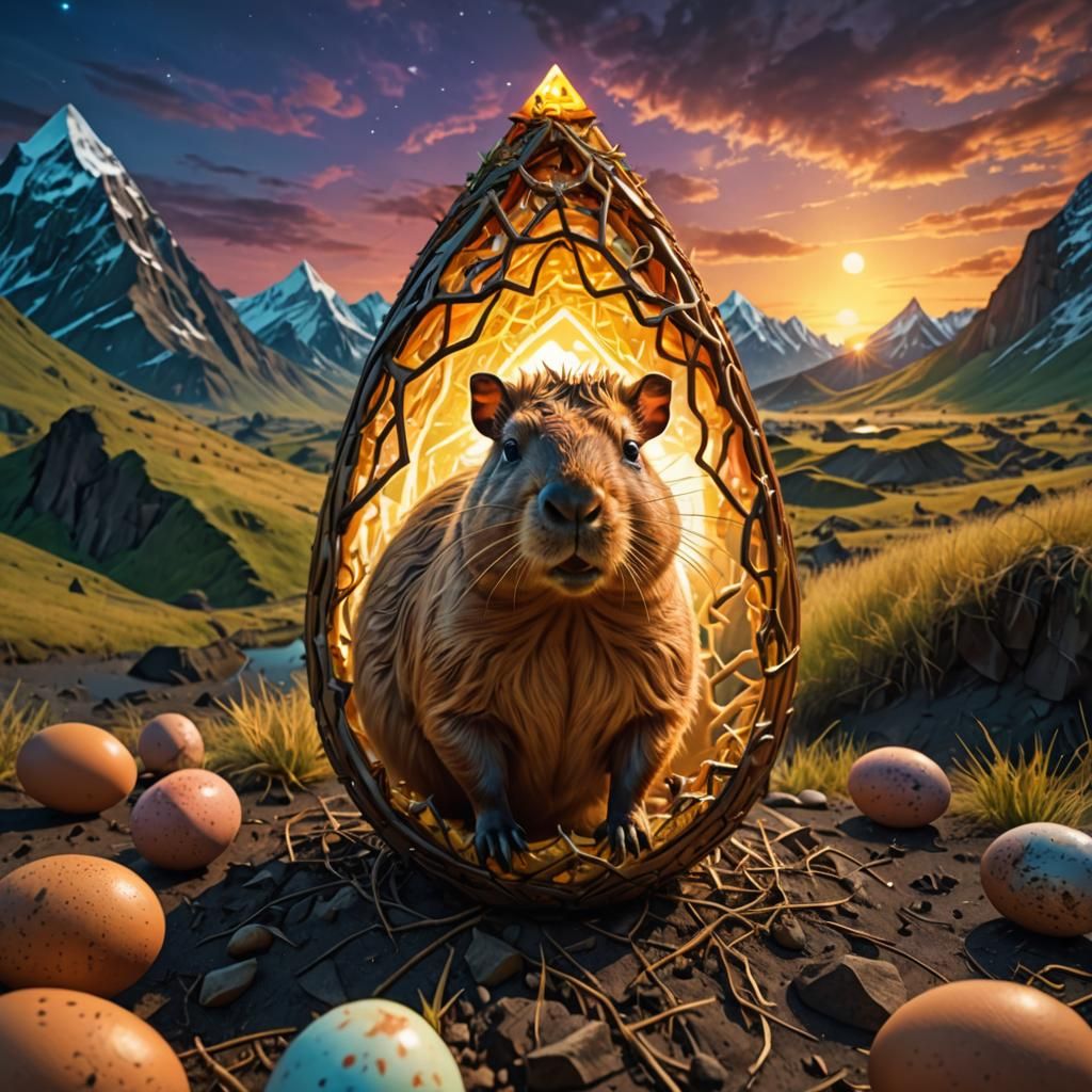 Scary Demon Capybara Hatches in Chromatic Surrealism