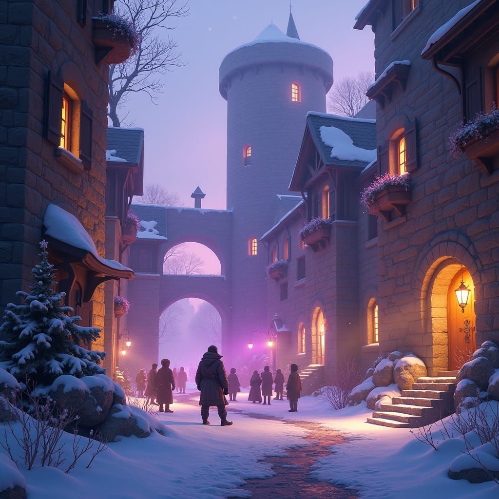 Mystical Castle Courtyard Scene in Dark Fantasy Style