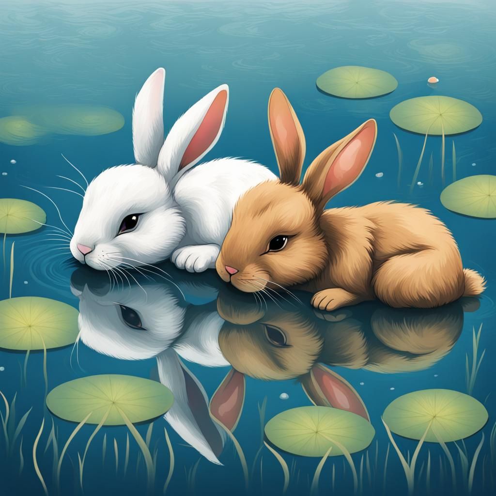 Dreamy Bunnies Asleep on Water