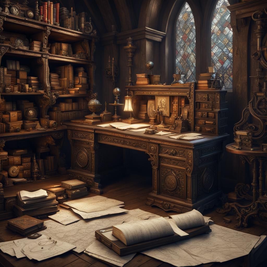 Medieval Desk with Occult Papers, Fantasy Art