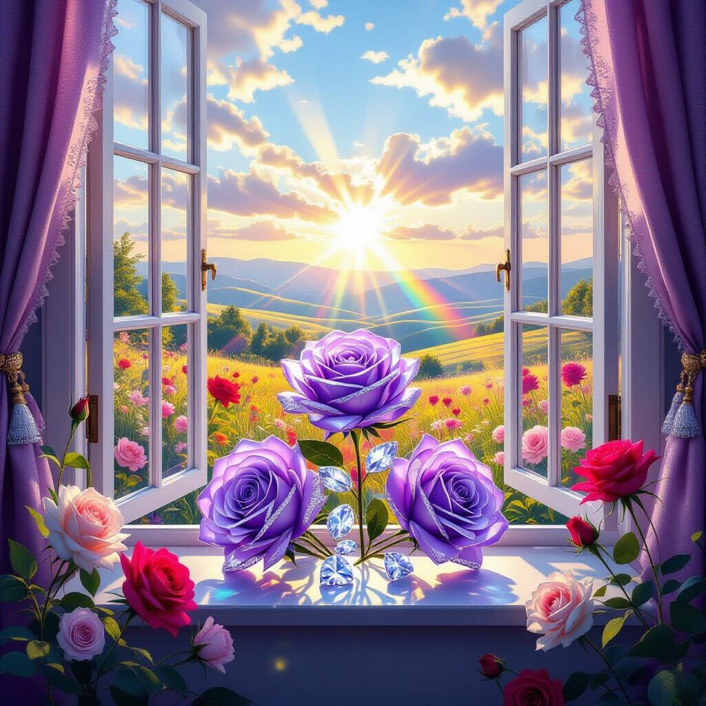 Crystal Roses with Rainbow Light in 3D Style