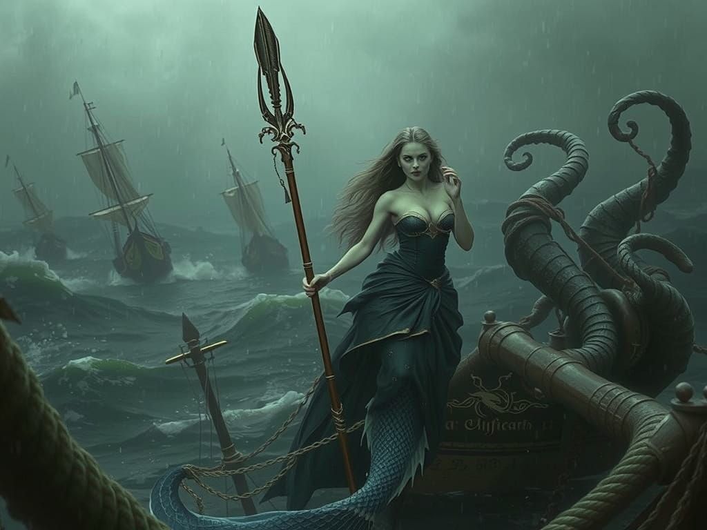 Sinister Mermaid with Spear on Stormy Seas