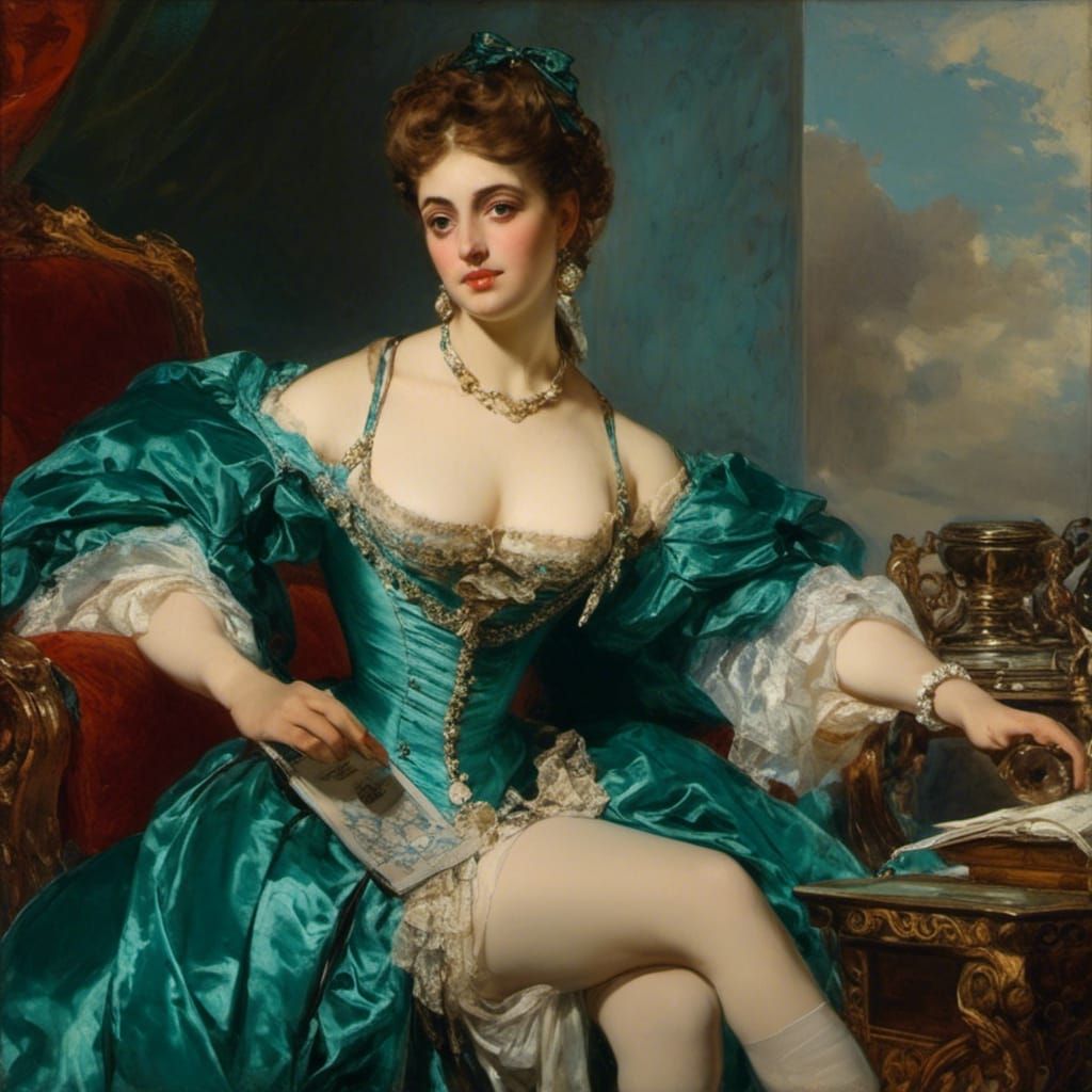 <lora:Matejko:1.0> portrait of Pretty woman, teal latex lace lingerii, at home , innocent, full of grace, pretty, breath...