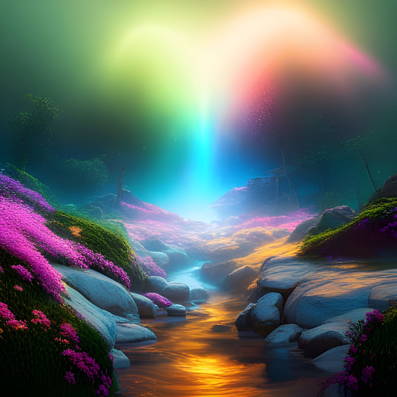 Magical breathtaking scene witches dust sparkling rainbow splash glowing sky masterpiece landscape 8k resolution gothic...