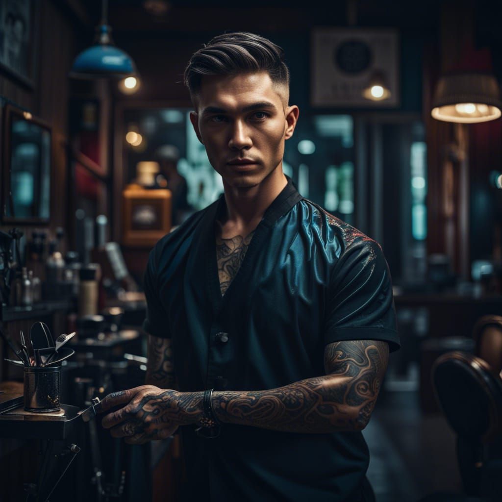 Young Barber in Street Style, Detailed Digital Art