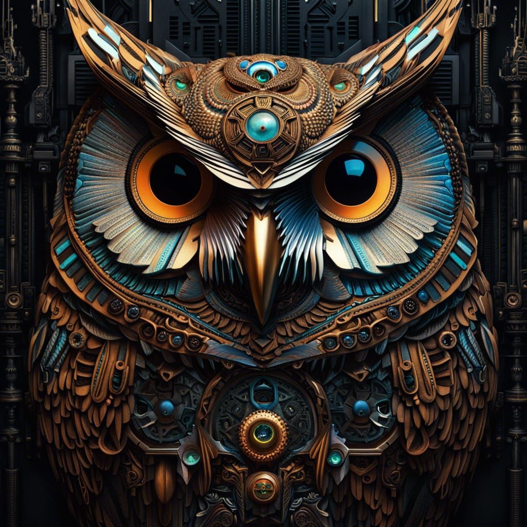 Cyberpunk Demonic Owl Portrait: Biomechanical Art