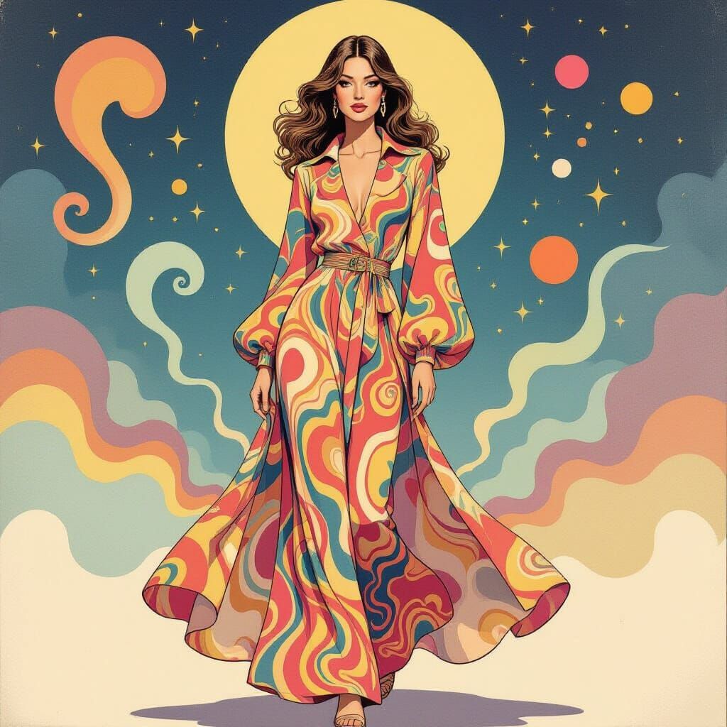 1970s Psychedelic Fashion Model Illustration in Surreal Styl...