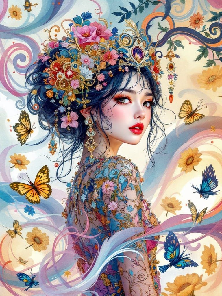 Ethereal Anime Goddess in Vibrant Art Nouveau Fantasy