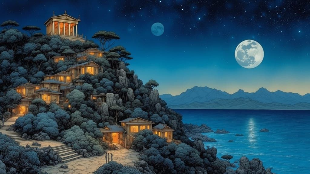 Ancient Greek Temple Under Twin Moons in Moebius Style