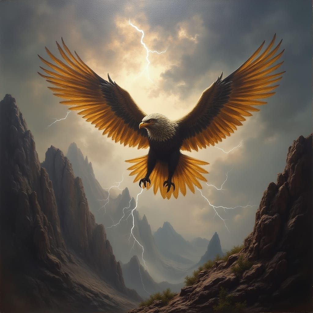 Griffin Soaring Through Stormy Sky in Oil Painting Style