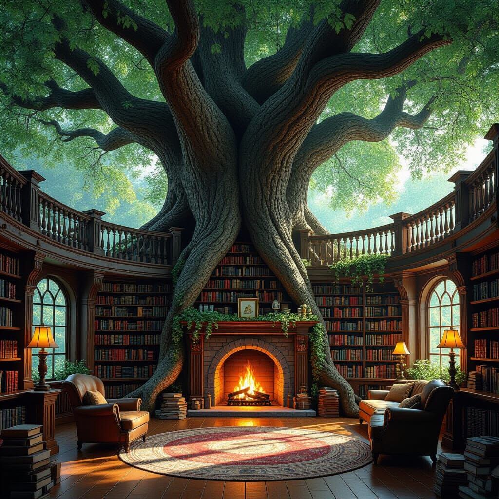 Cozy Tree Library Filled With Ancient Tomes and Artifacts
