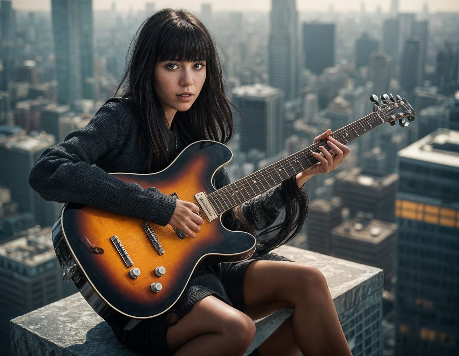 Impish Woman Plays Melting Guitar: Surreal Punk Style