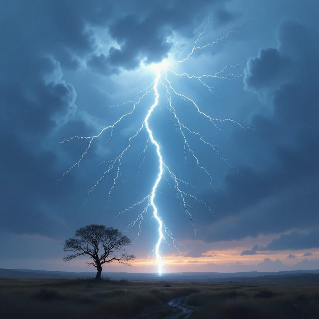 Lightning Bolt Strikes Skeletal Tree in Dramatic Twilight Sk...
