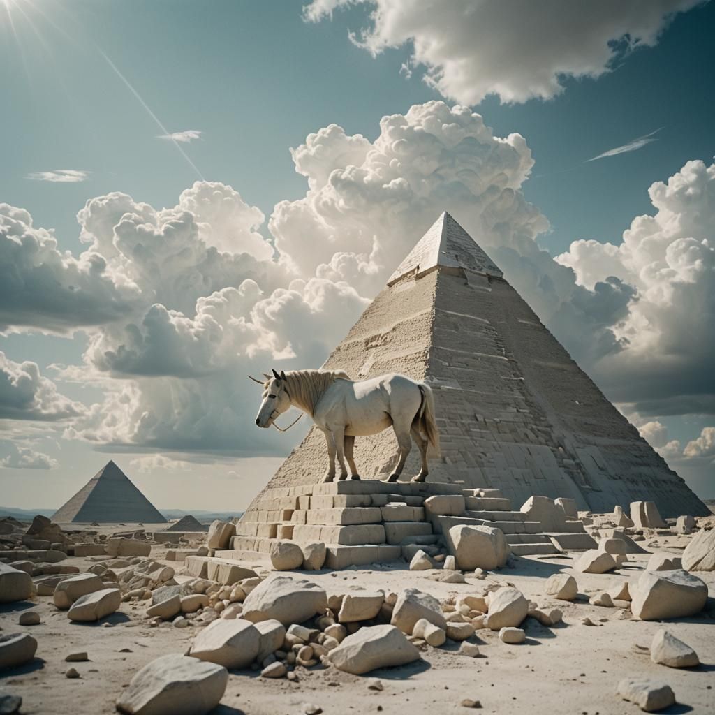 White Unicorn Under Glass Pyramid on Cloud