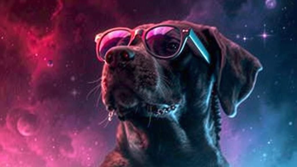 Dog in Spacesuit Floating in Space, in Futuristic Style