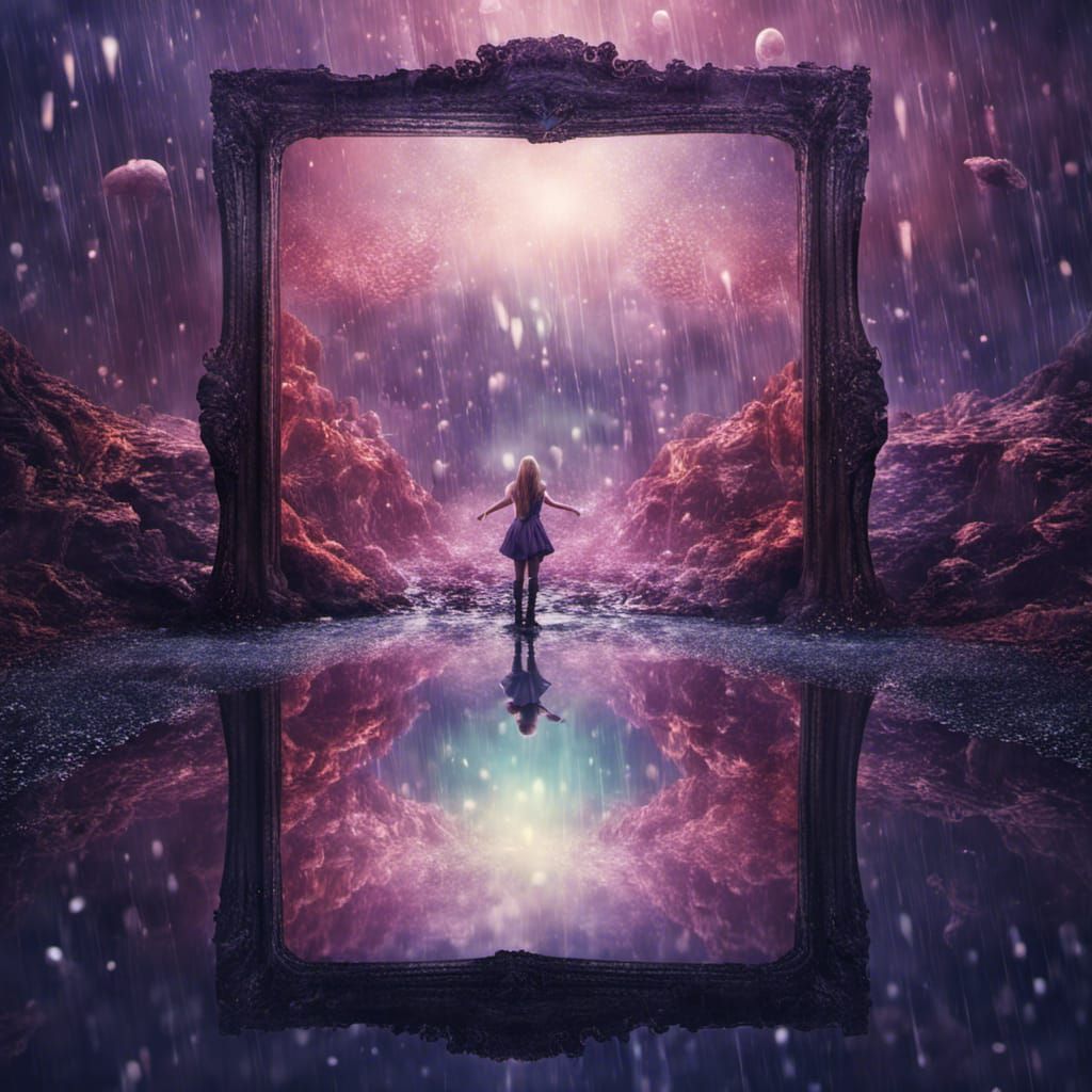 Sparkling Fantasy World Through Rainy Mirror Portal