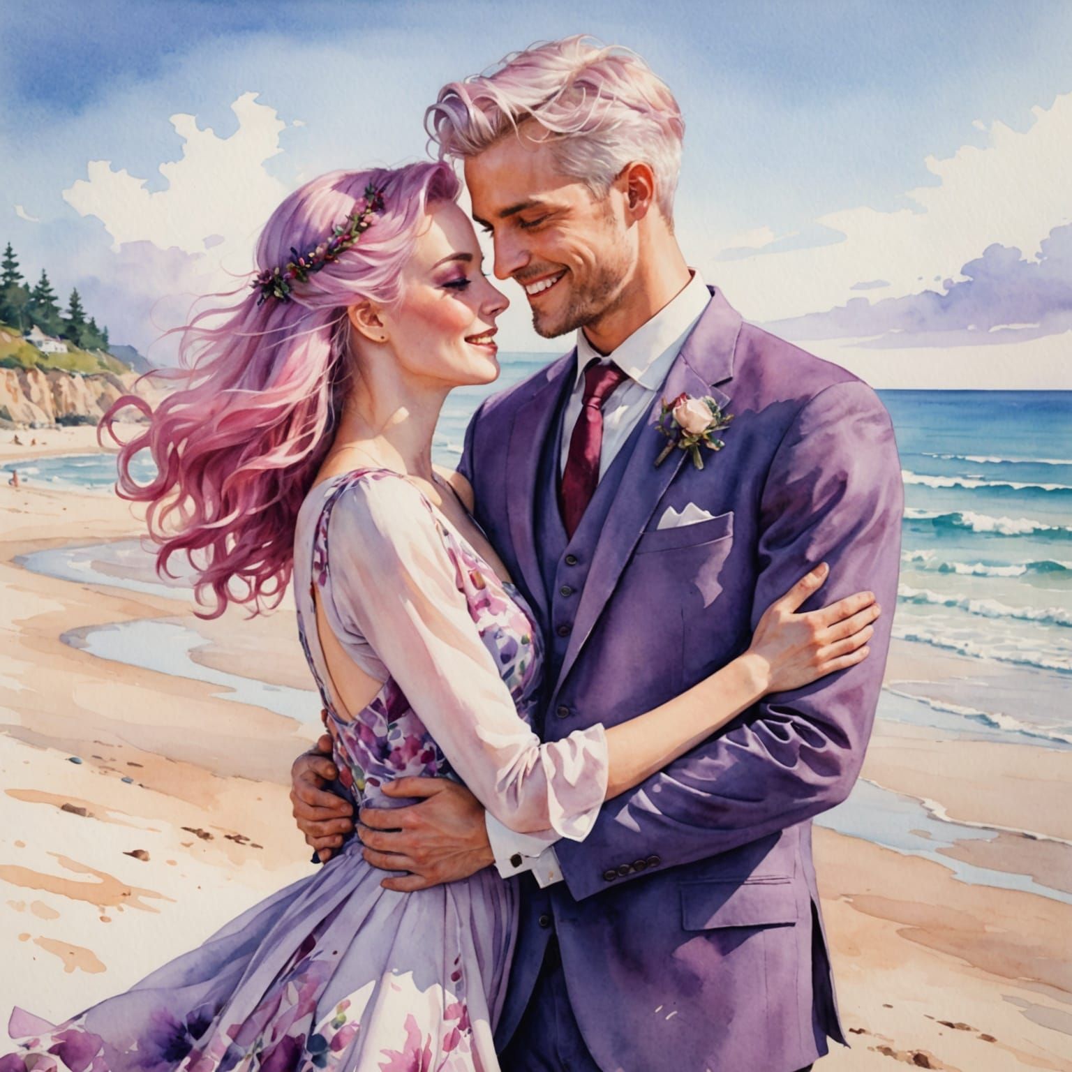 Romantic Beach Wedding Scene in Watercolor Style