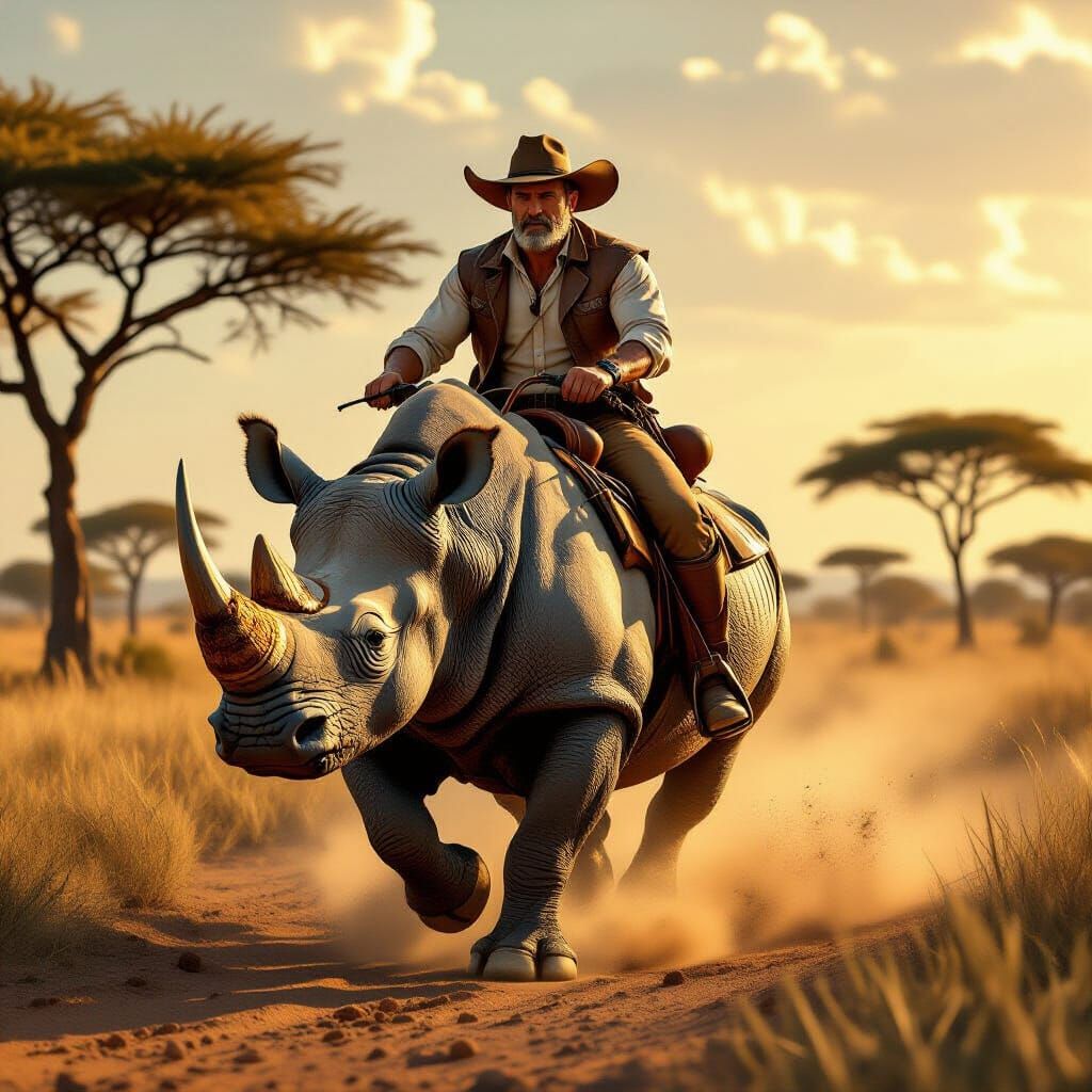 Man Rides Charging Rhino Across Savanna in Golden Hour