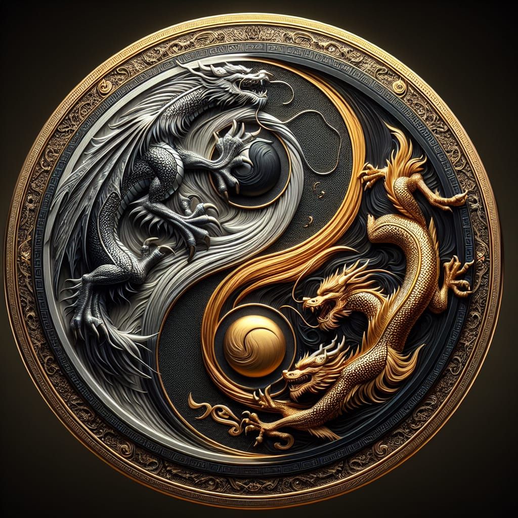 Yin Yang Coin with Aries and Leo Dragons