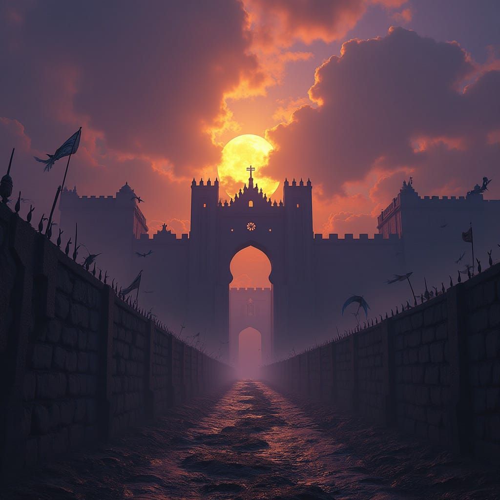 Dark Fantasy Siege Scene with Fortified Fence
