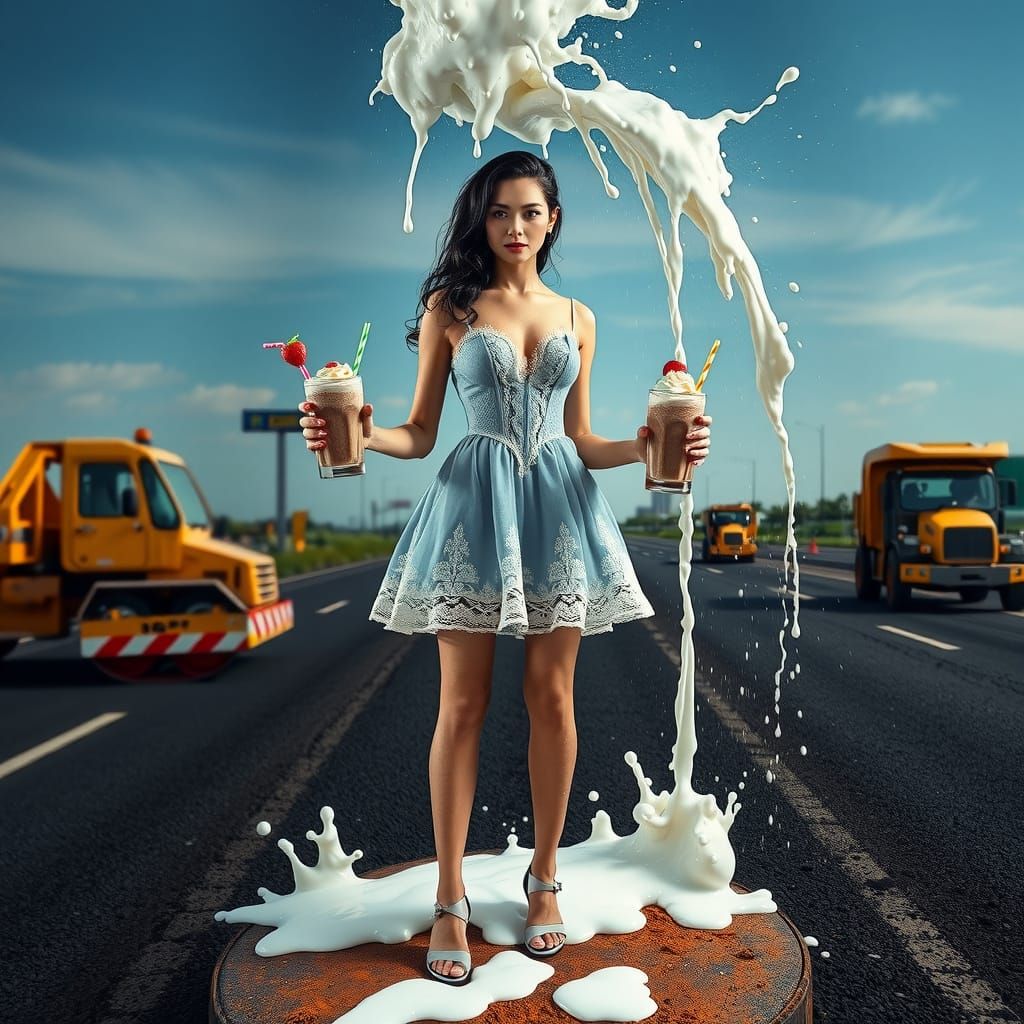Surreal Woman Savoring Milkshakes in a Dreamlike Landscape