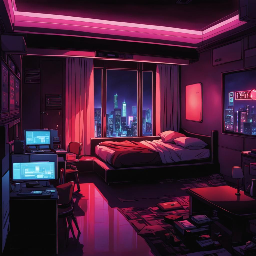 Cyberpunk Anime Hotel Room: Dark and Empty