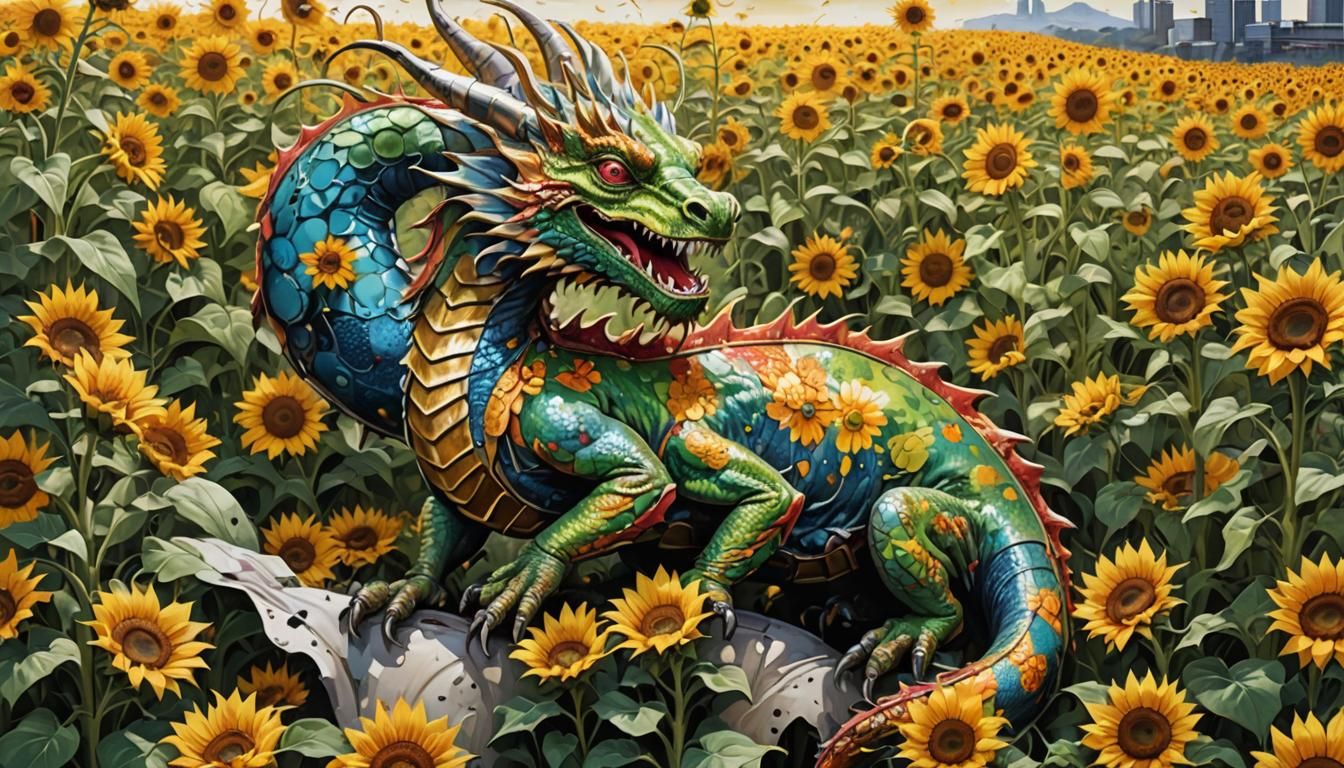 Metallic Dragon Chameleon in Sunflower Field Graffiti Art