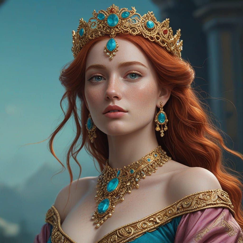 Elegant Fantasy Goddess in Red and Gold Attire