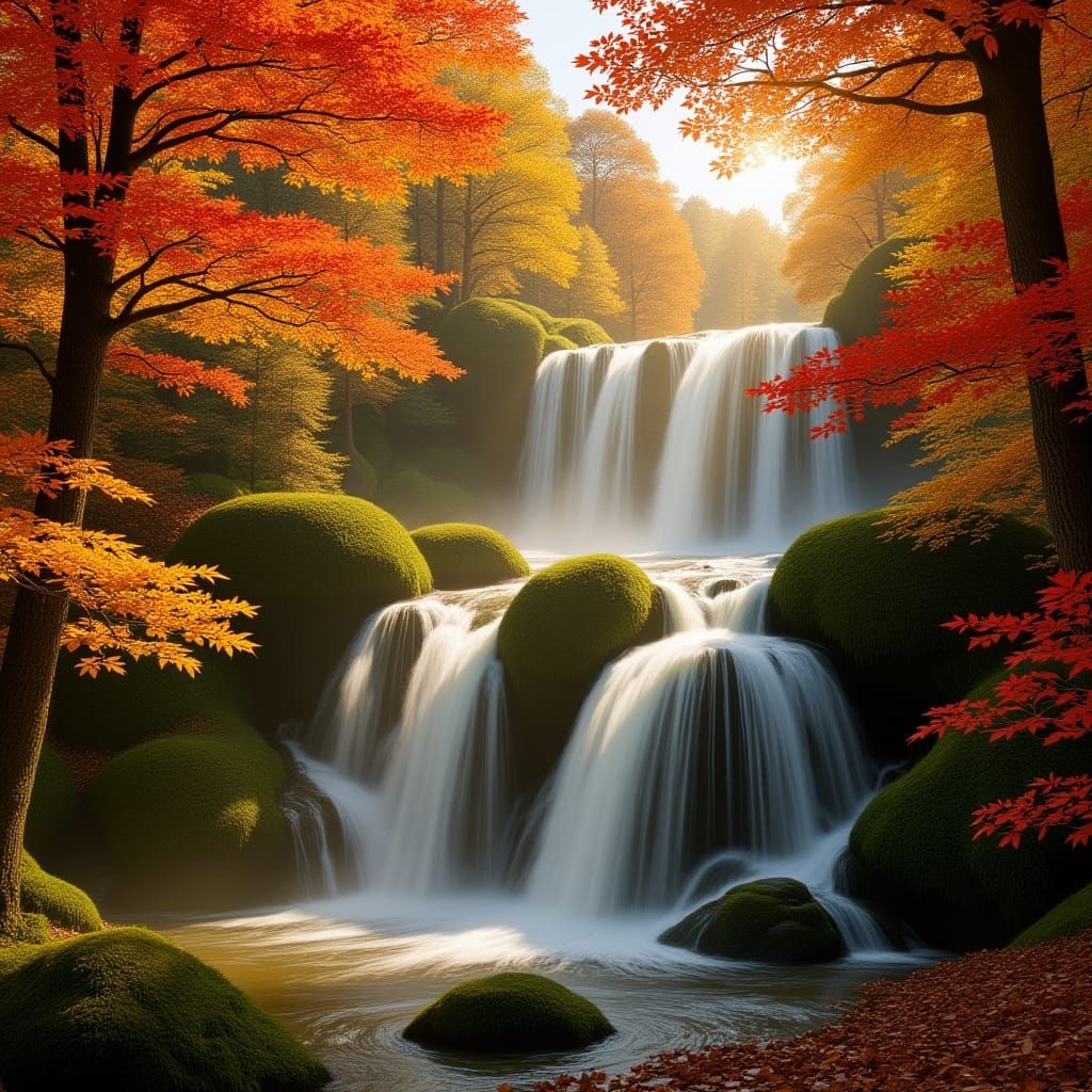Serene Autumn Waterfall in Vibrant Fall Foliage