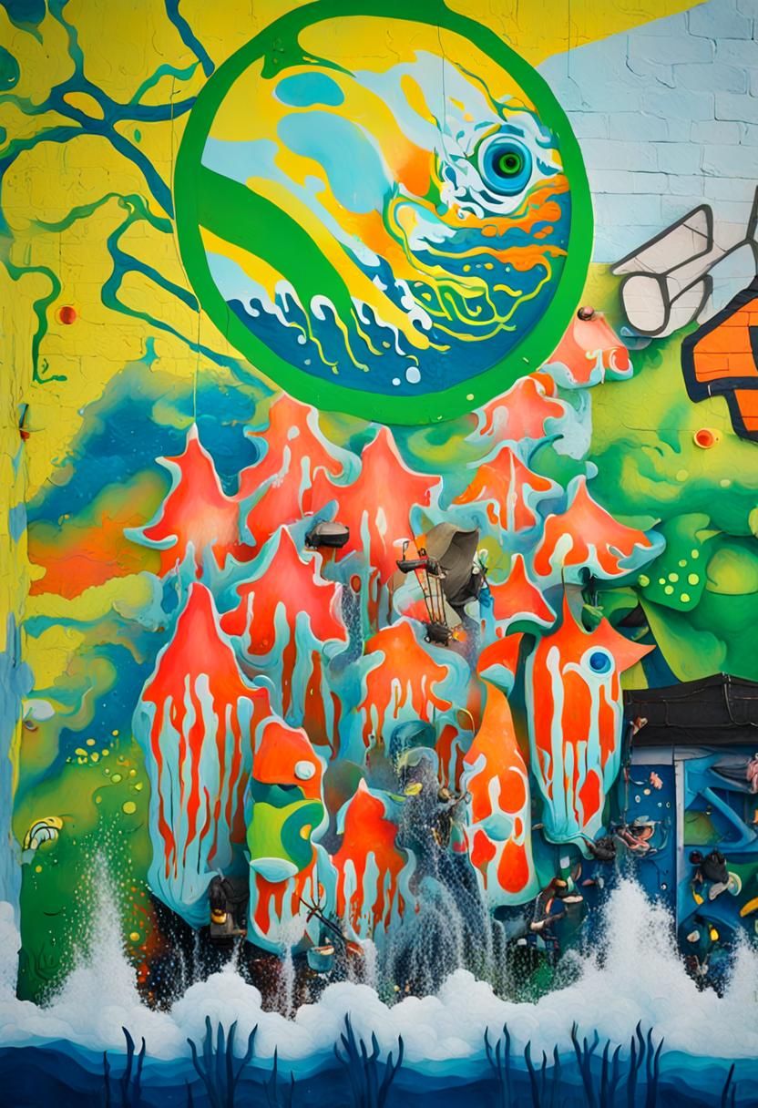 Underwater Cityscape Street Art in Melting Surrealism Style