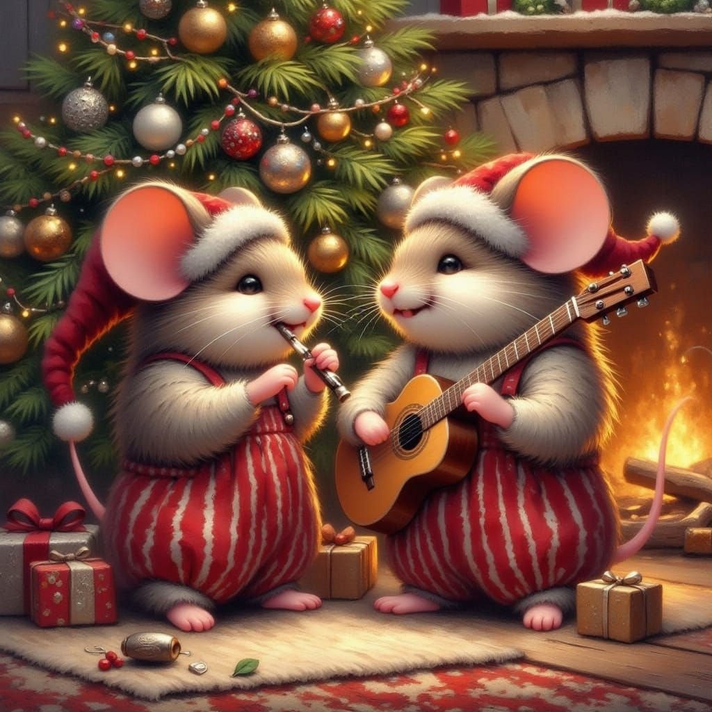 Mice Making Music Under a Christmas Tree
