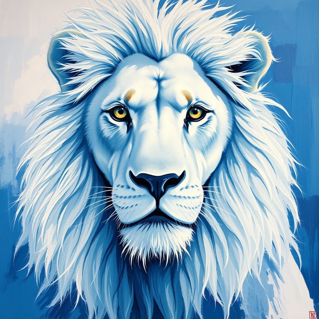 Majestic Blue and White Lion in Expressionist Style