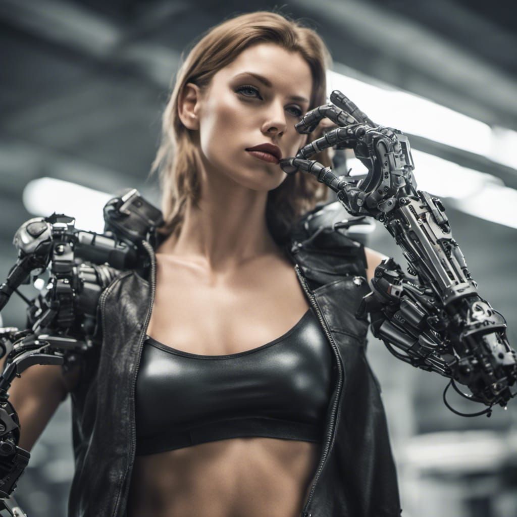 Female Terminator on Assembly Line in Cyberpunk Style