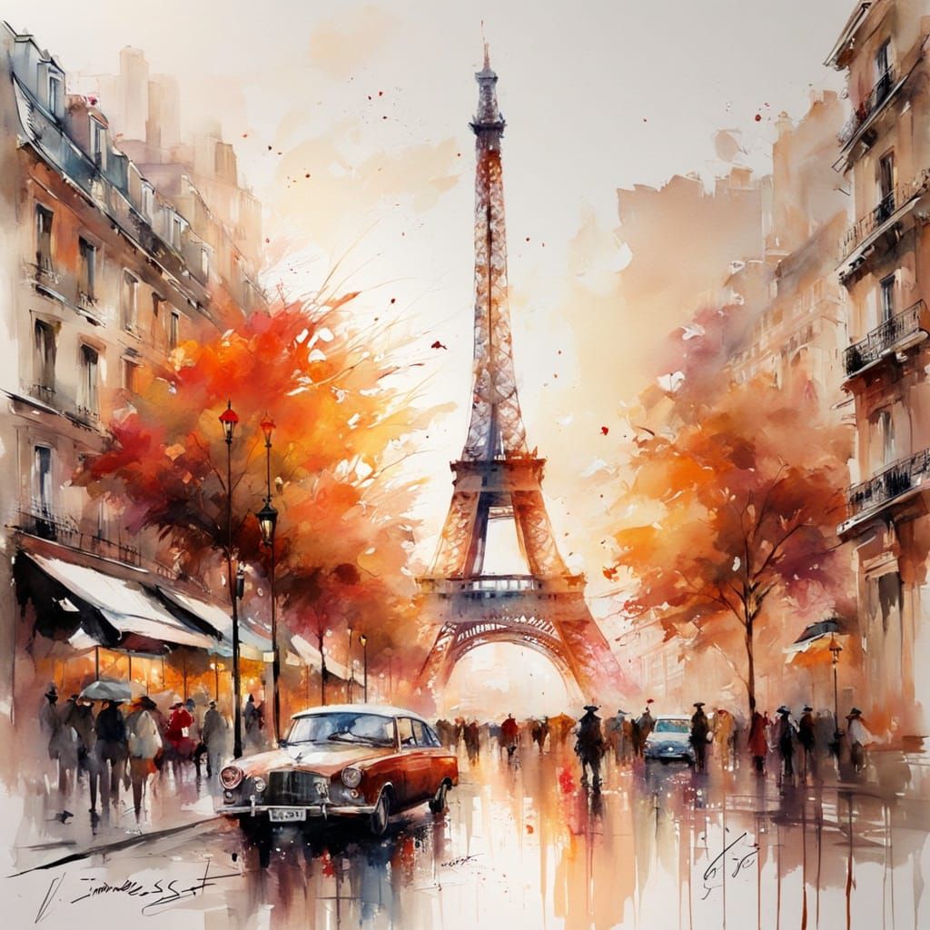 Parisian Sunset Serenade in Vibrant Watercolour