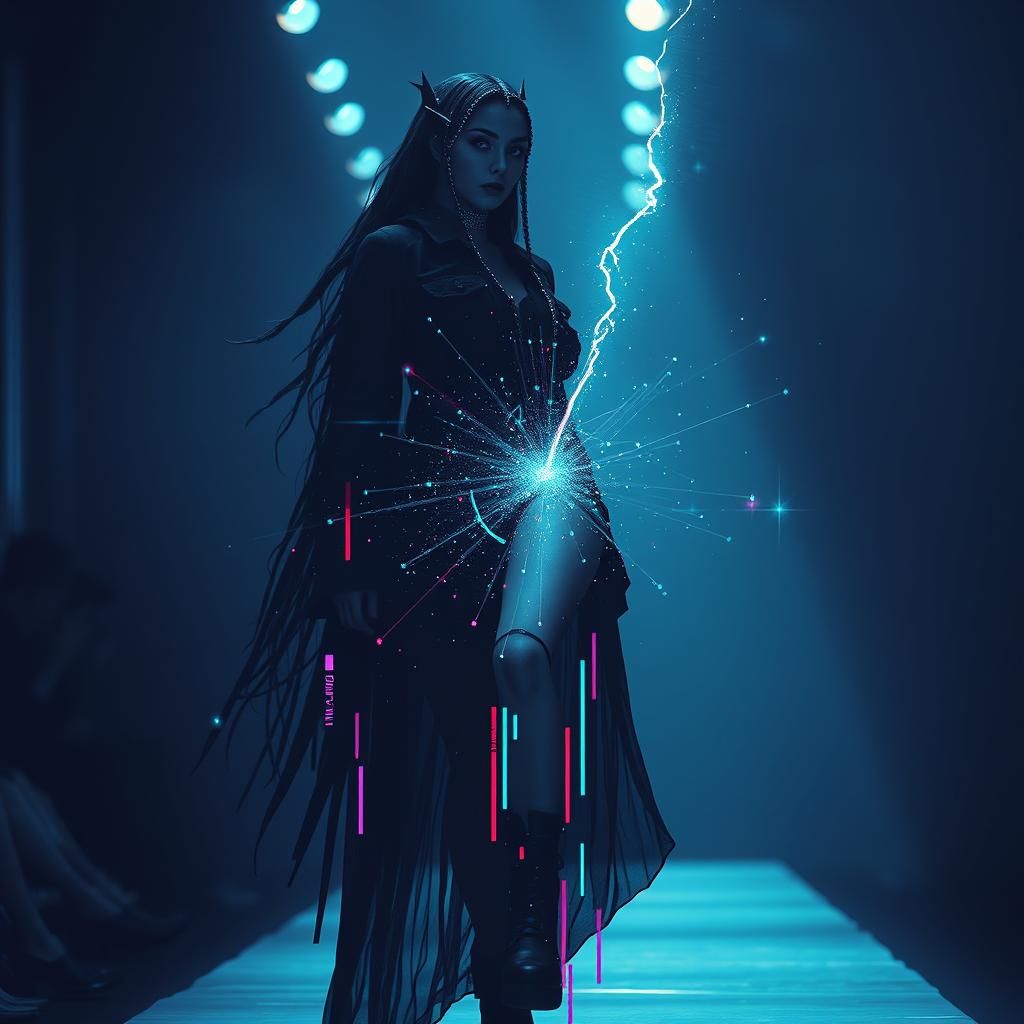 Gothic Model on Catwalk in Glitch Art Style