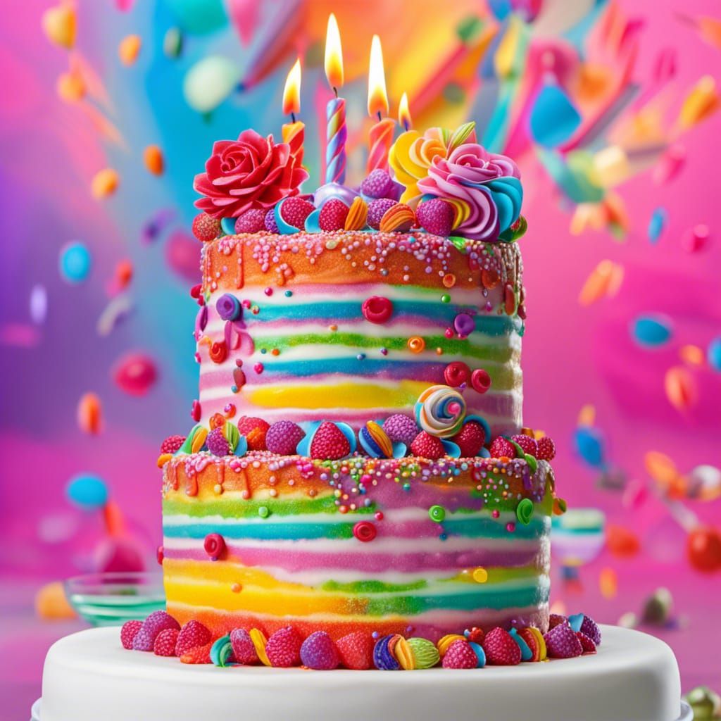 Lisa Frank Birthday Cake: Hyperrealistic Splash Art