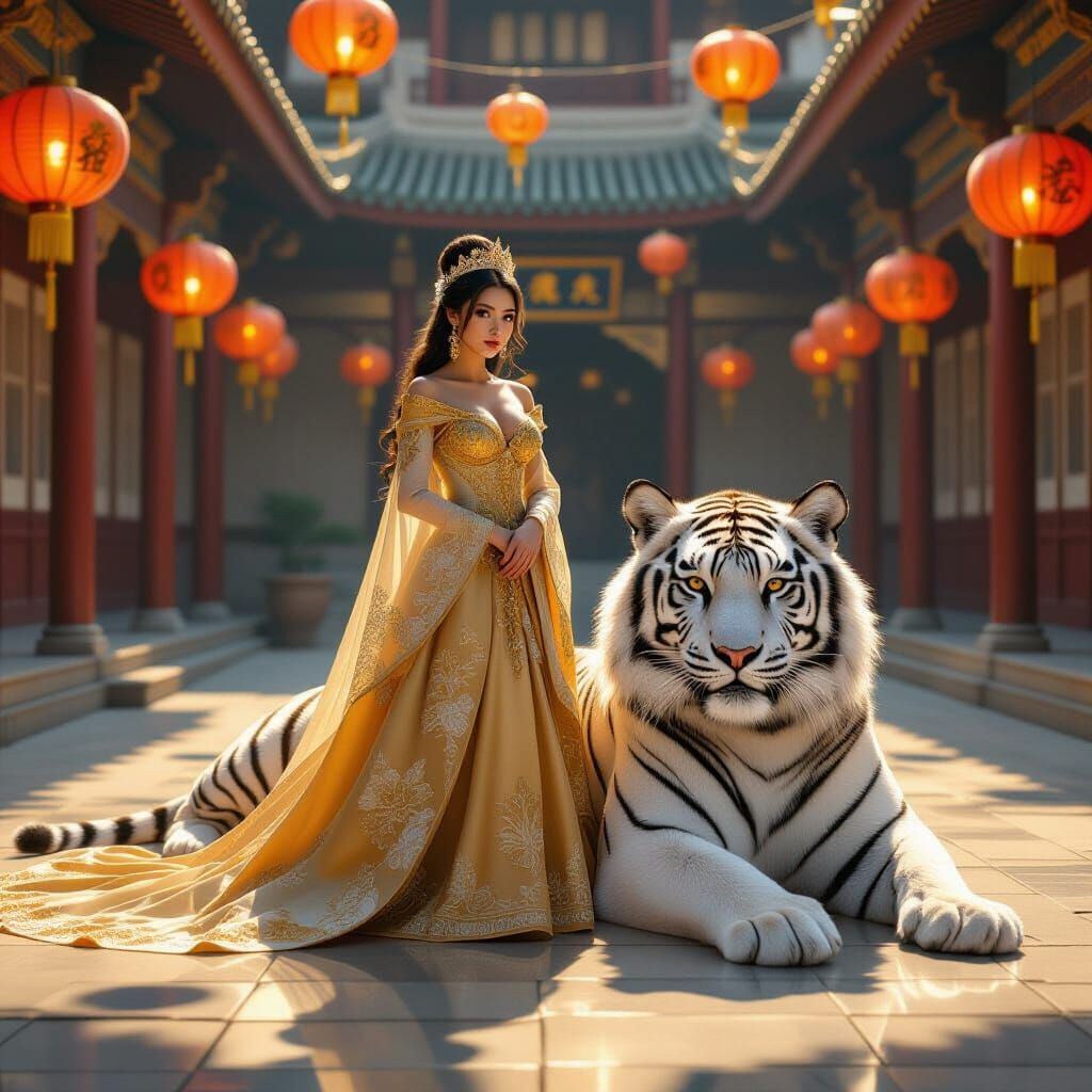 Princess and White Tiger in Palace Courtyard
