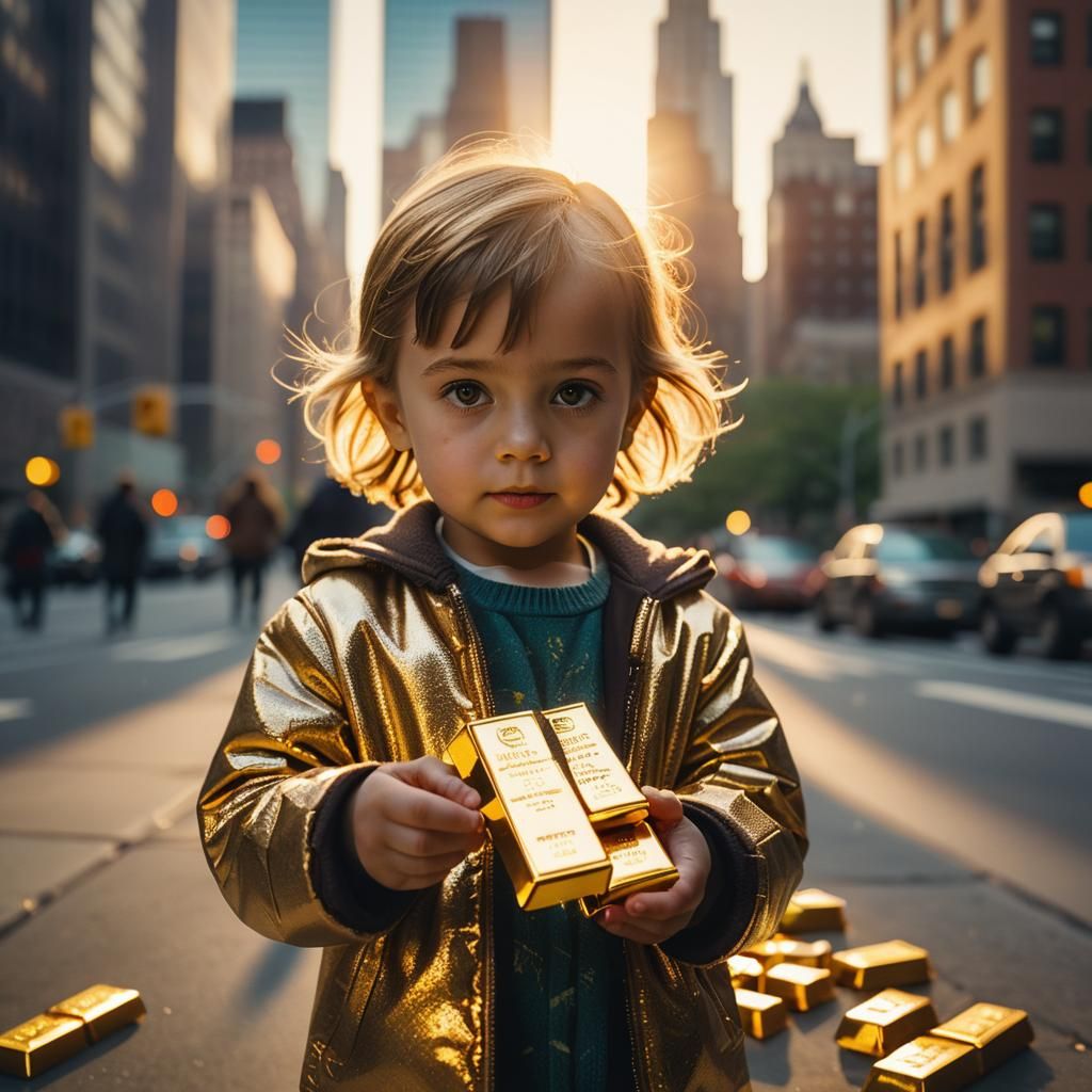 Child with Gold Bars at Sunset in New York