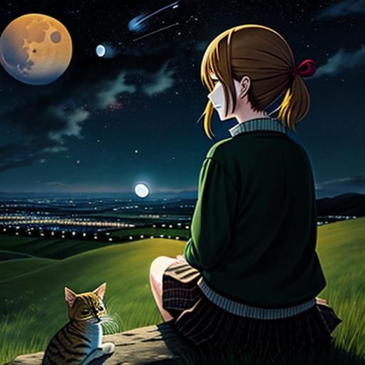 Sad Kawaii Anime Girl with Cat Stargazing