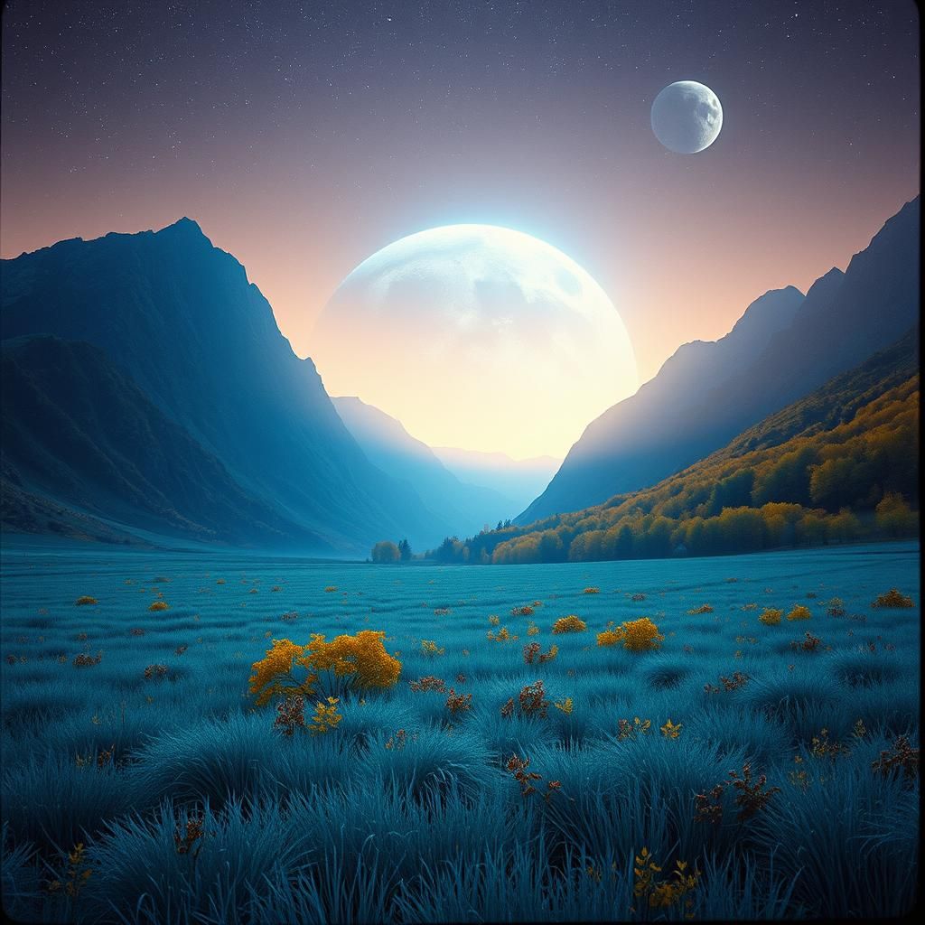 Alien Landscape with Blue Sun and Moons