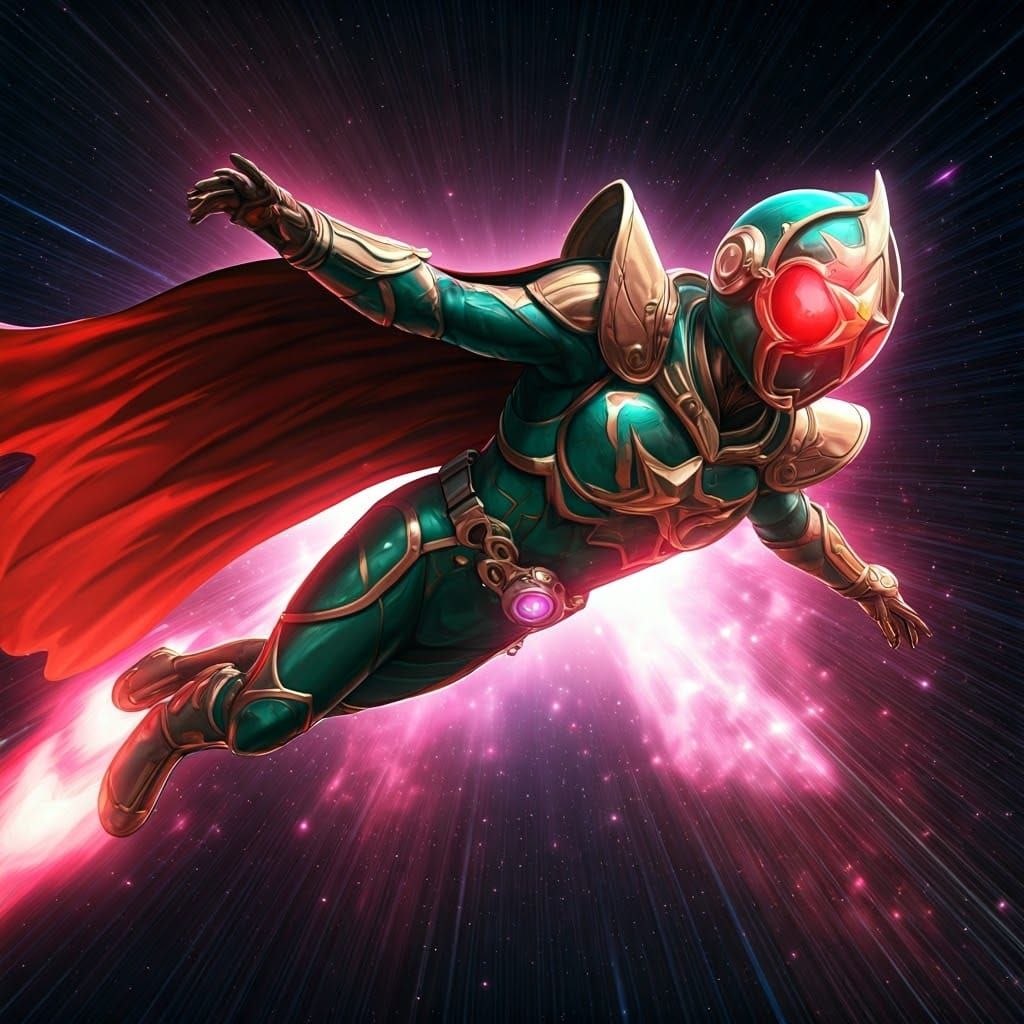 Emerald Cosmic Warrior Soars Through Nebula