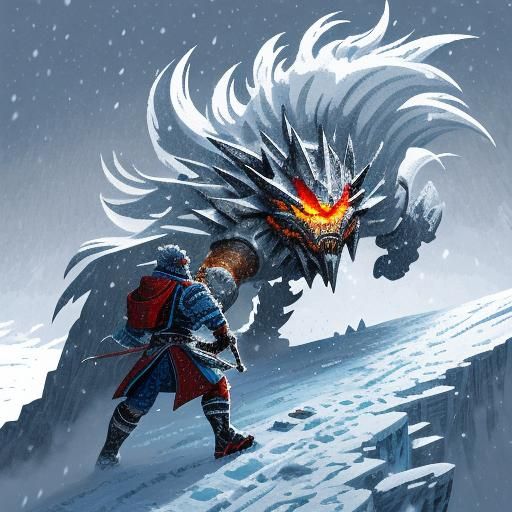 Pixel art character: a daring explorer climbing a snow-covered mountain, wind whipping through their cloak. 16-bit retro...