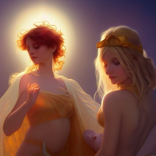 Fairies Gaze Upon Sunlit Baby: Fantasy Portrait