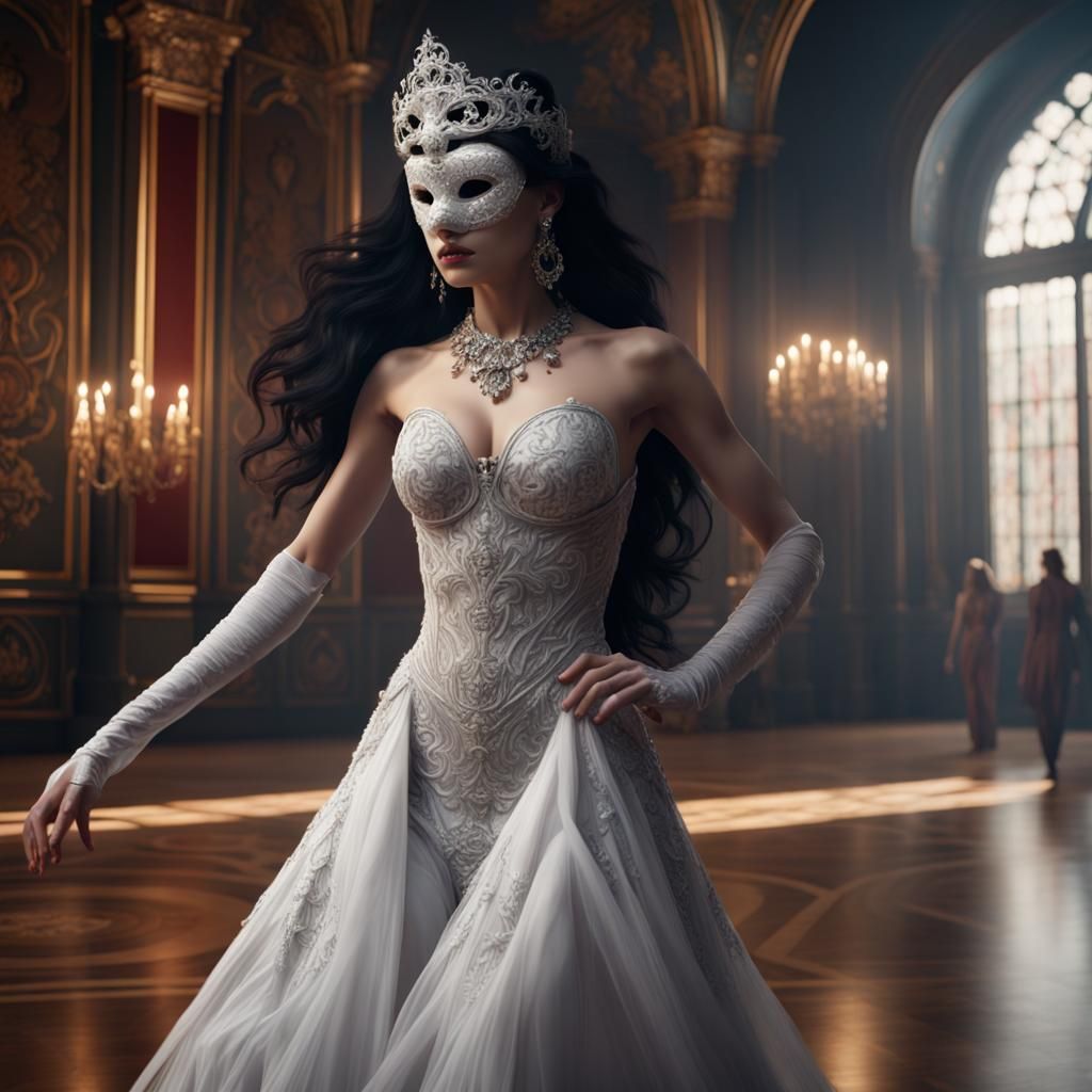 Woman Dancing in Gothic Ballroom, Hyperrealistic Matte Paint...