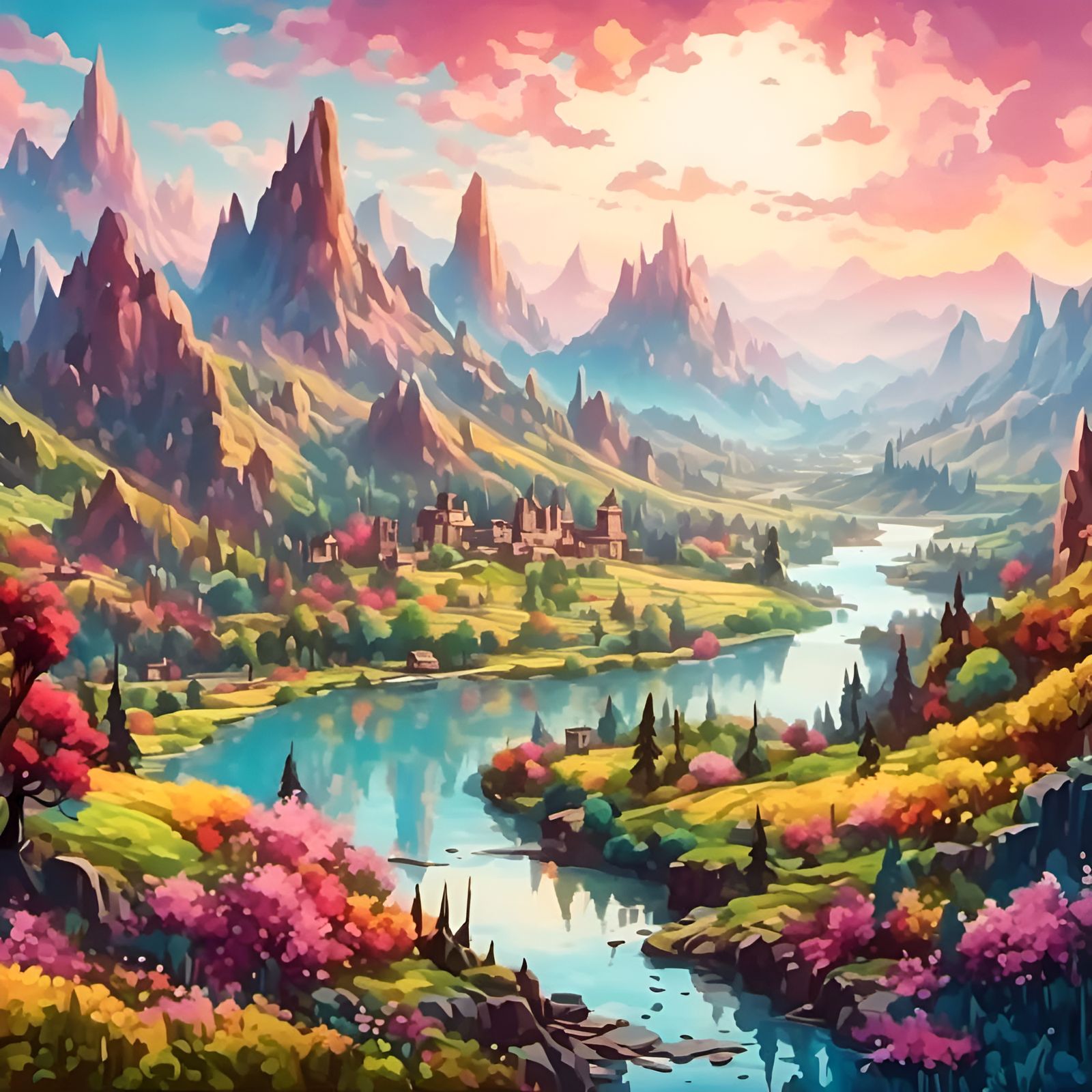 <lora:Daily ranked 2023:1.0> highly detailed ultradetailed fantasy landscape background, mountains, river