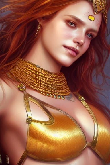 Amazon Princess with Golden Jewelry, Digital Illustration
